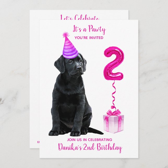 2nd Birthday Puppy Theme- Cute Dog Pink Girl Pawty Invitation (Front/Back)
