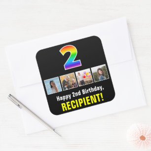 2nd Birthday: Rainbow “2”; Custom Photos & Name Square Sticker