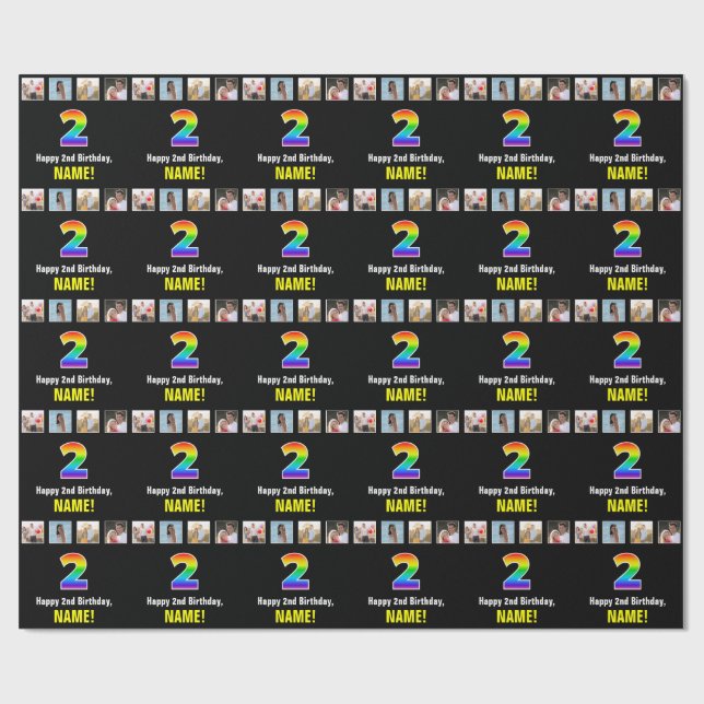 2nd Birthday: Rainbow “2“; Custom Photos & Name Wrapping Paper (Flat)