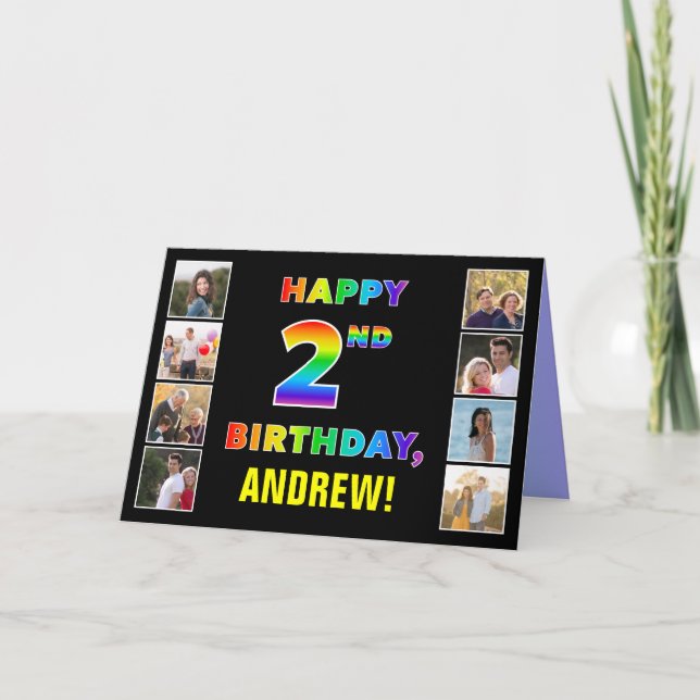 2nd Birthday: Rainbow Text, Custom Photos & Name Card (Front)