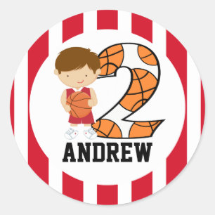 2nd Birthday Red and White Basketball Player v2 Classic Round Sticker