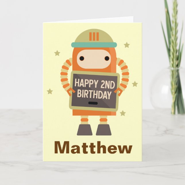 2nd Birthday Robot vintage personalised card (Front)