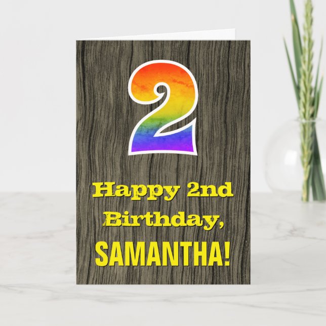 2nd Birthday: Rustic Faux Wood Look, Rainbow "2" Card (Front)