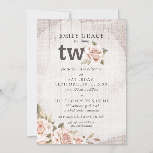 2nd Birthday Rustic Wood Shabby Chic Roses Floral Invitation (Front)