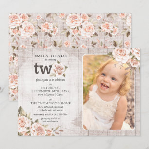 2nd Birthday Rustic Wood Shabby Chic Roses Photo Invitation