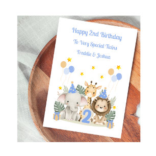 2nd Birthday Safari Animals Twin Boys Card