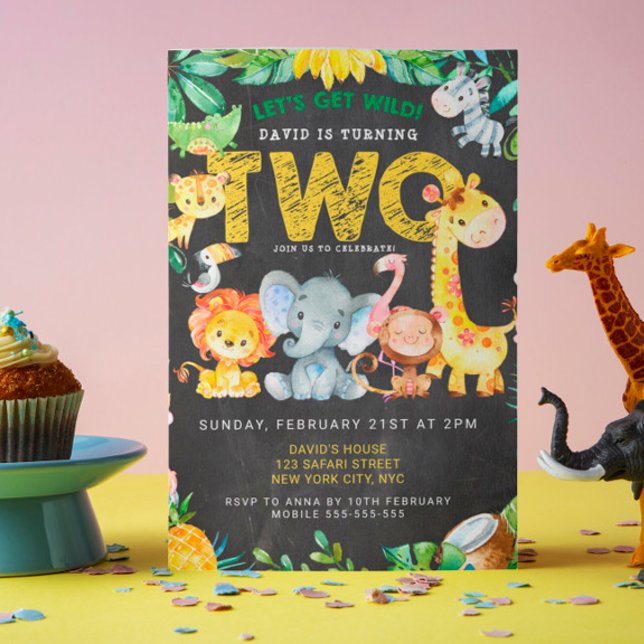 2nd Birthday Safari Jungle Chalkboard Cute Kids Invitation (Safari Jungle Zoo Animals Chalkboard Party Birthday 2nd Birthday Template Kids Party)
