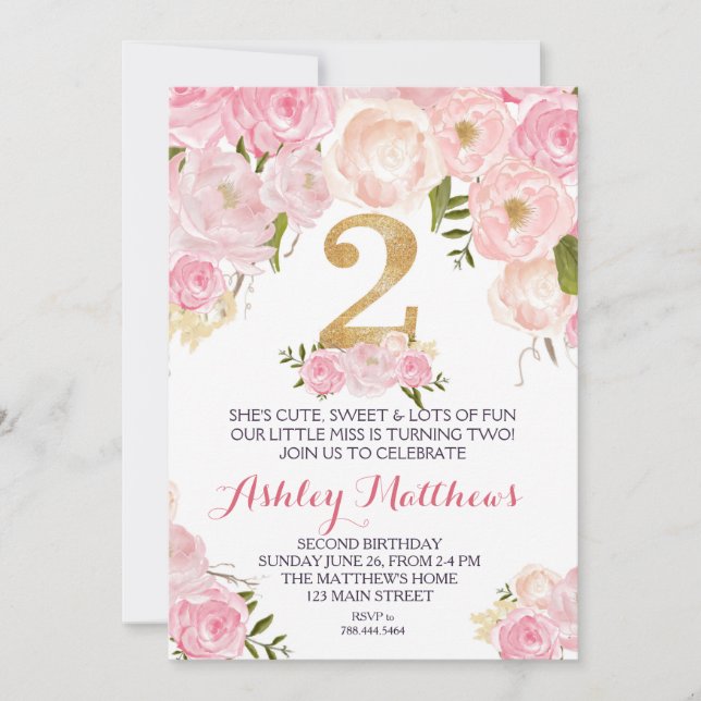 2nd birthday second Beautiful Floral Invitation, Invitation (Front)