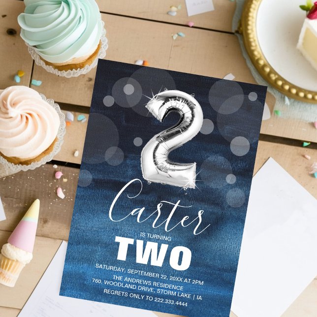 2nd Birthday Silver Balloon | Blue Party Invitation (Creator Uploaded)