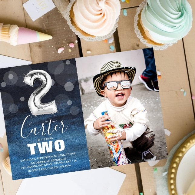 2nd Birthday Silver Balloon | Blue Photo Party Invitation (Creator Uploaded)