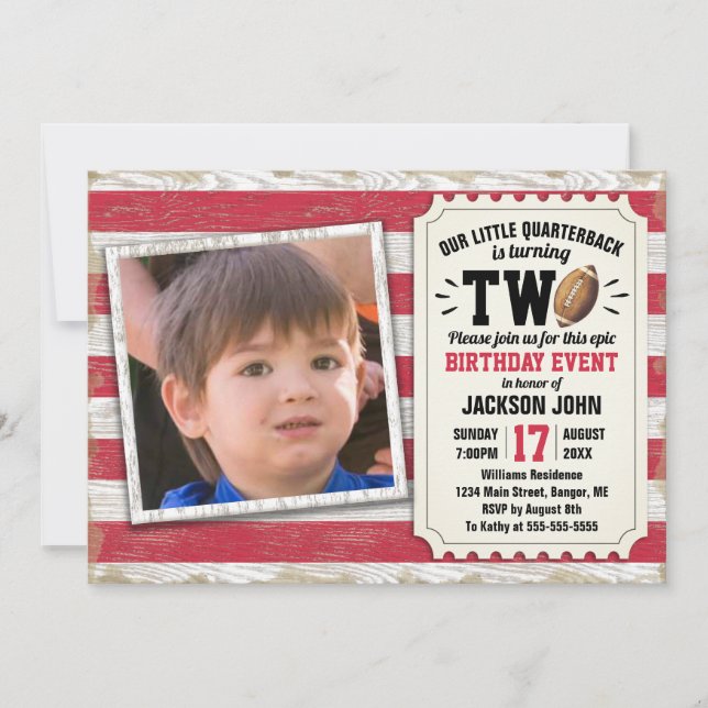 2nd Birthday Sports Photo Football Rustic Red Invitation (Front)