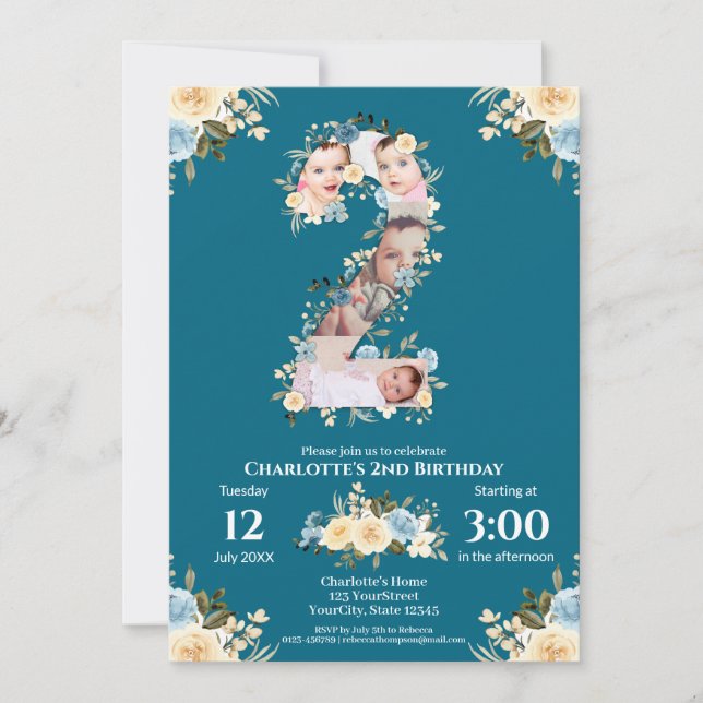 2nd Birthday Teal Flower Photo Collage Blue Yellow Invitation (Front)