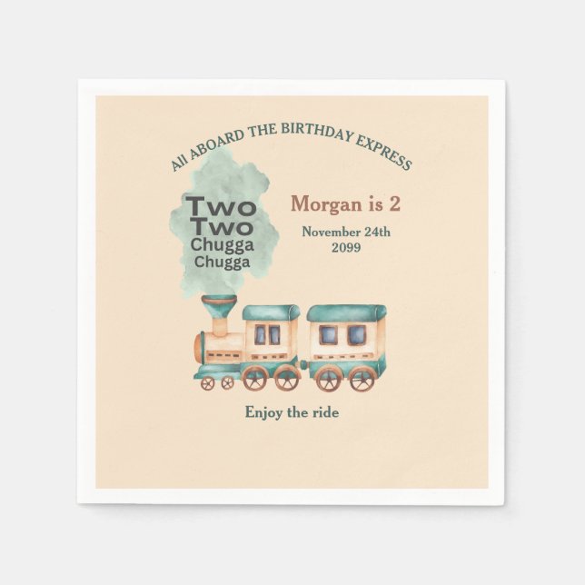 2nd Birthday Train Party All Aboard Watercolor Napkin (Front)
