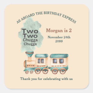 2nd Birthday Train Party All Aboard Watercolor Square Sticker
