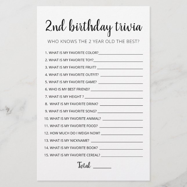 2nd Birthday Trivia editable game (Front)