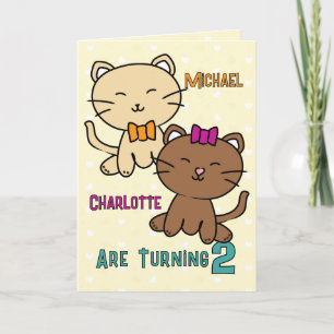 2nd Birthday Twin Boy Girl Cat Cartoon Adorable Card