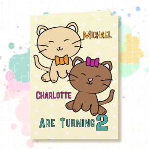 2nd Birthday Twin Boy Girl Cat Cartoon Adorable Card