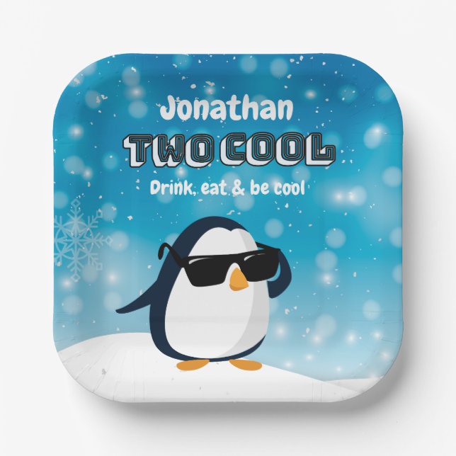 2nd Birthday Two Cool Penguin Boy Paper Plate (Front)