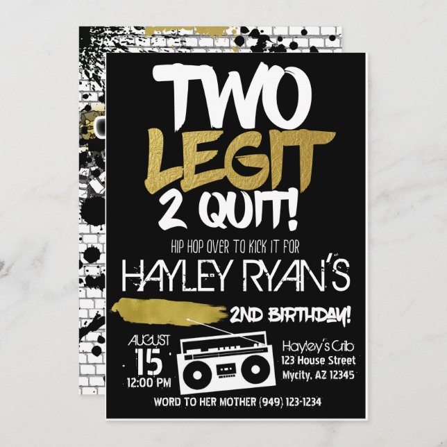 2nd Birthday Two Legit Two Quit Hip Hop Invitation (Front/Back)