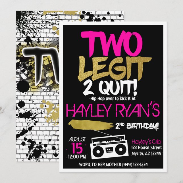 2nd Birthday Two Legit Two Quit Hip Hop Invitation (Front/Back)