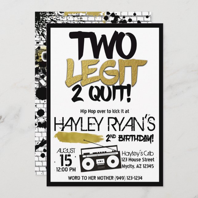 2nd Birthday Two Legit Two Quit Hip Hop Invitation (Front/Back)