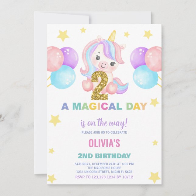 2nd Birthday Unicorn Birthday Invitations (Front)