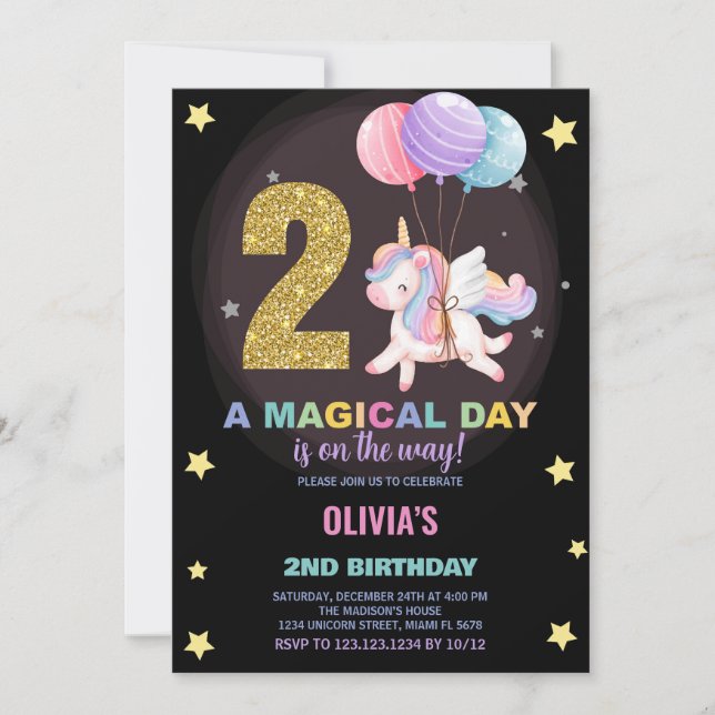 2nd Birthday Unicorn Birthday Invitations (Front)