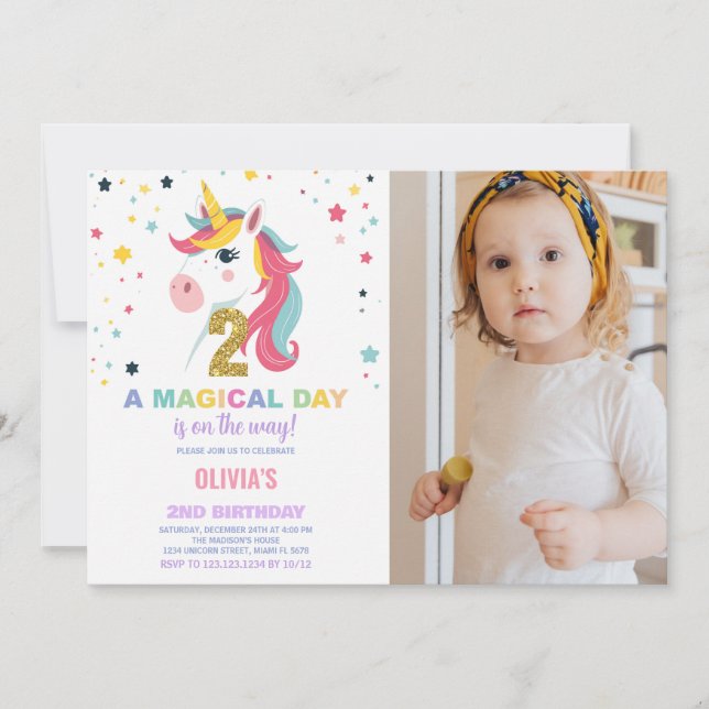 2nd Birthday Unicorn Birthday Invitations photo (Front)