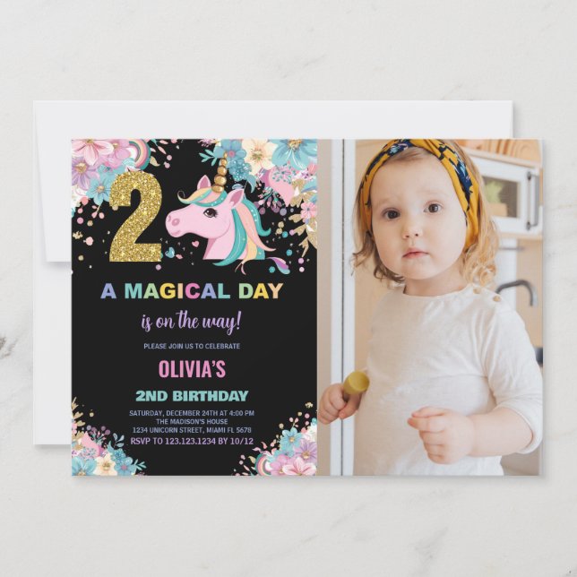 2nd Birthday Unicorn Birthday Invitations w photo (Front)