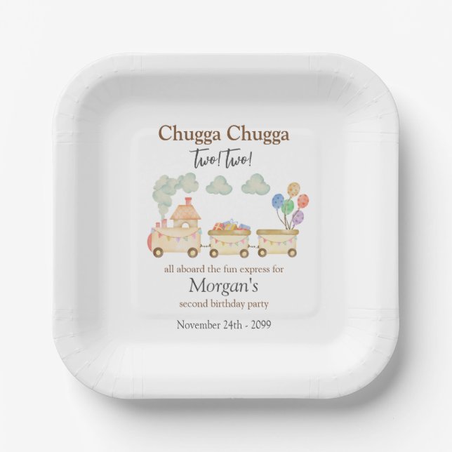 2nd Birthday Watercolor Brown Train Fun Express Paper Plate (Front)