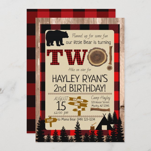 2nd Birthday Wild One Flannel Little Bear Theme Invitation (Front/Back)