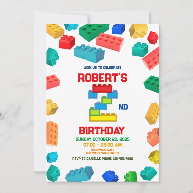 2nd Building Blocks Birthday, building party Invitation (Front)