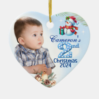 2nd Christmas Personalized Boy's Photo Heart Gift Ceramic Ornament