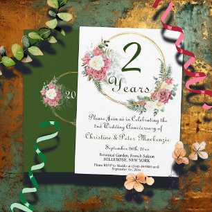 2nd Cotton Wedding Anniversary Roses Gold Frame Invitation