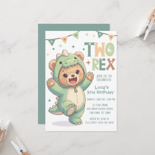 2nd Dino Birthday Party   Cute Teddy Bear Dinosaur Invitation