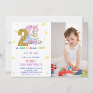 2nd Floral Unicorn Birthday Invitations with photo