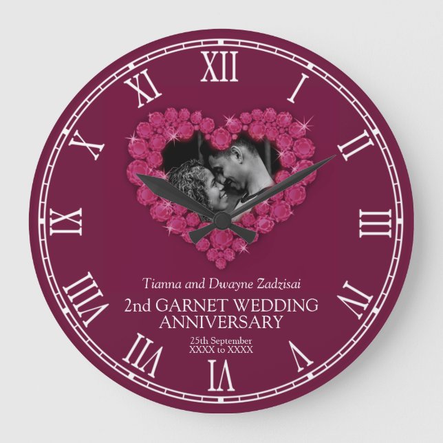 2nd garnet photo heart wedding anniversary large clock (Front)