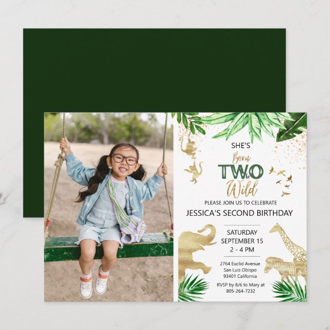 2nd Girl Boy Safari Two Wild Birthday Photo  Invitation (Front/Back)