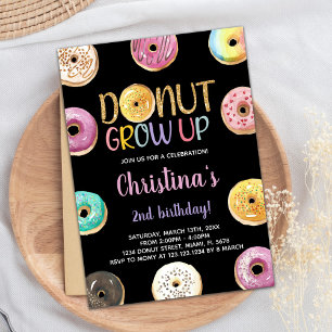 2nd Golden Glitter Doughnut Birthday Invitations