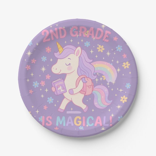 2nd Grade is Magical Back to School Unicorn Paper Plate (Front)