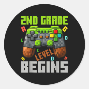 2nd Grade Level Begins Gaming Gamer Boys Kids Back Classic Round Sticker