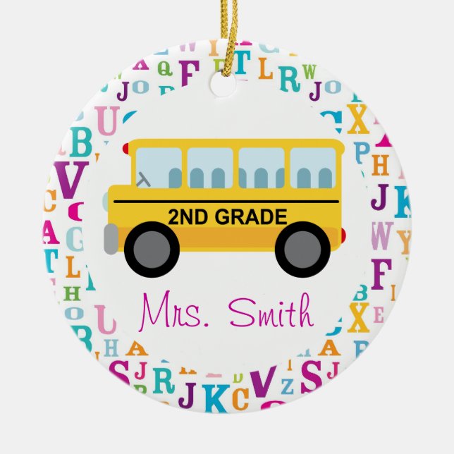 2nd Grade Personalised School Bus Teacher Ornament (Front)