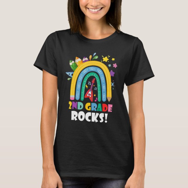 2nd Grade Rocks Rainbow Kids Girls Teacher Back To T-Shirt (Front)