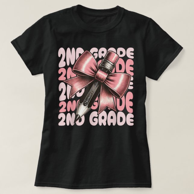 2nd Grade Teacher Pencil Coquette Bow T-Shirt (Design Front)
