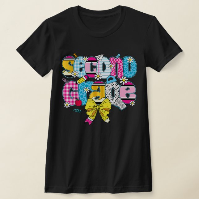 2nd Grade Teacher Pencil Coquette Bow T-Shirt (Laydown)