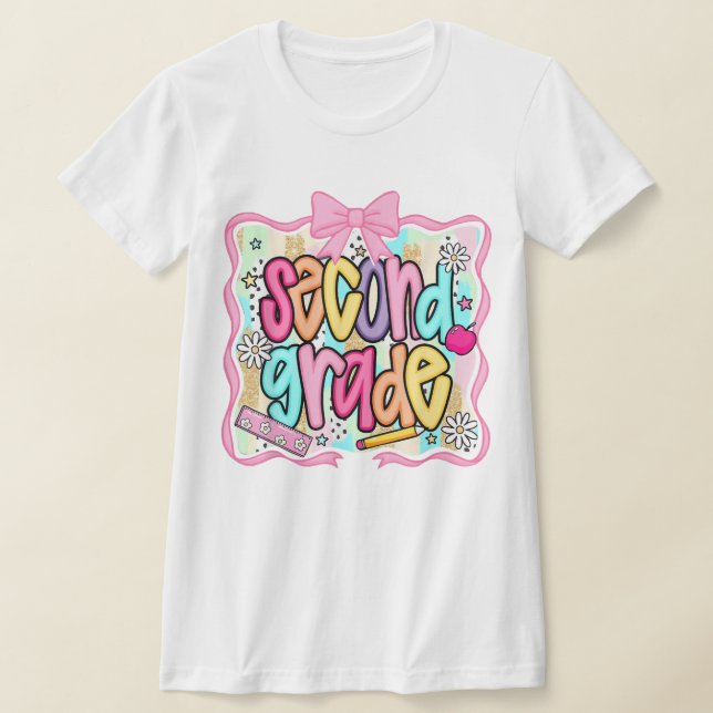 2nd Grade Teacher Pencil Coquette Bow T-Shirt (Laydown)