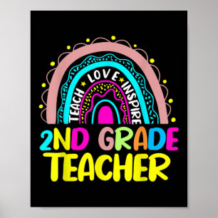 2nd Grade Teacher Shirt Men Women Rainbow Teach Lo Poster