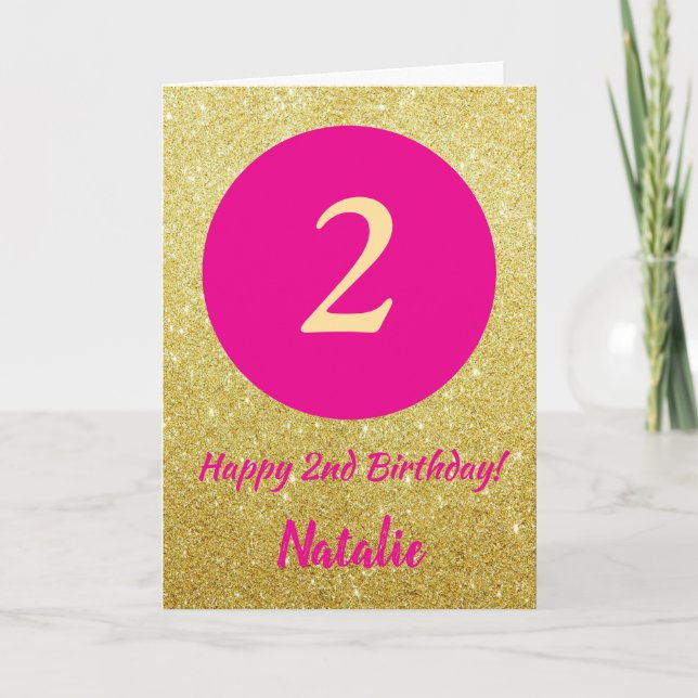 2nd Happy Birthday Hot Pink and Gold Glitter Card (Front)