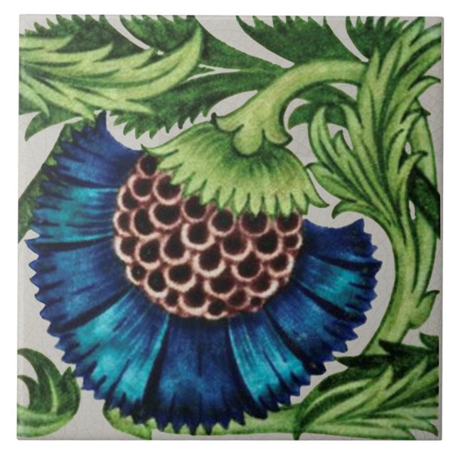 2nd of Pair of Repro Antique De Morgan Blue Floral Ceramic Tile (Front)