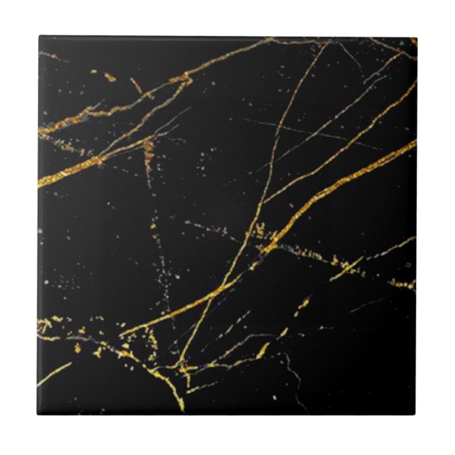 2nd of Set of 4 Gold Veined Black Faux Marble Ceramic Tile (Front)